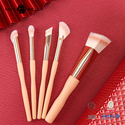 5pcs Giá nhà máy Logo tùy chỉnh 100% tóc tổng hợp Vegan khuôn mặt mắt trang điểm bộ bàn chải,những tay cầm gỗ và nhôm Ferrule