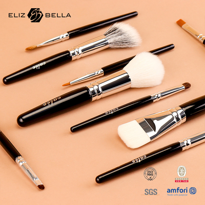 Tùy chỉnh 9pcs Travel Pro Makeup Brushes với tay cầm gỗ đen và Ferrule nhôm
