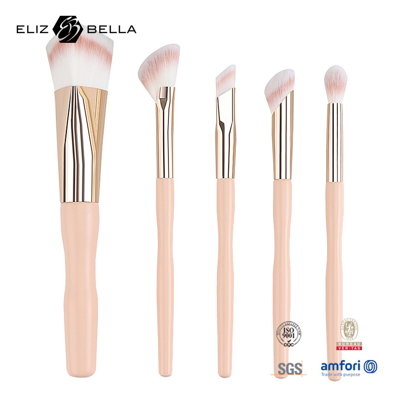 5pcs Giá nhà máy Logo tùy chỉnh 100% tóc tổng hợp Vegan khuôn mặt mắt trang điểm bộ bàn chải,những tay cầm gỗ và nhôm Ferrule